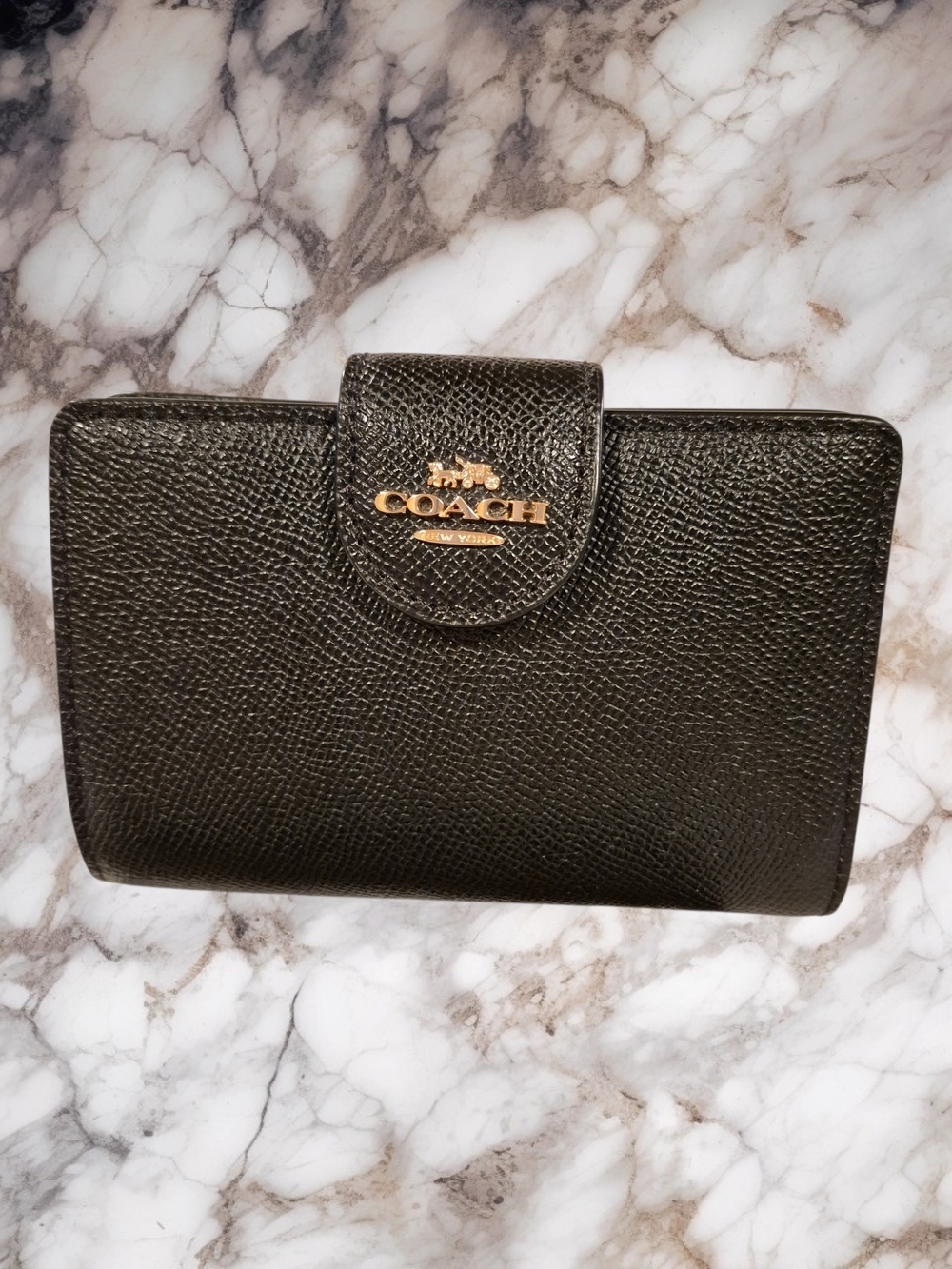 Coach Black Pebbled Leather Wallet with Gold Logo Snap